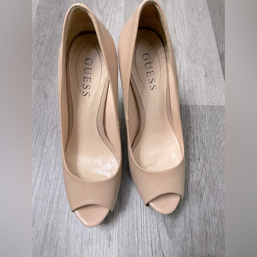 Guess Patches Nude peep toe stiletto heel.